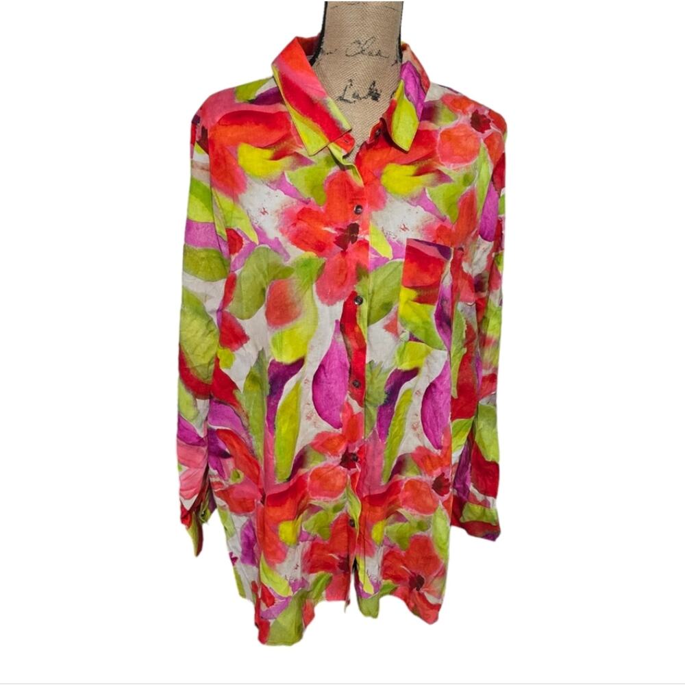 Sunny Leigh Watercolor Floral Linen Blend Button Down Shirt Plus Size 2X New!